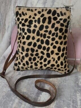 Leopard Print Hair Crossbody Bag with Brown Leather Strap